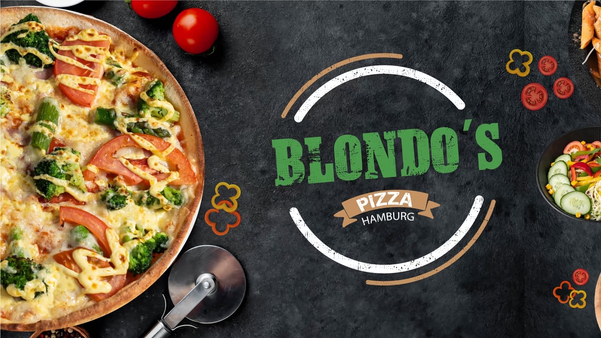 Blondo’s Pizza mit frischen Zutaten und Salat auf dunklem Hintergrund